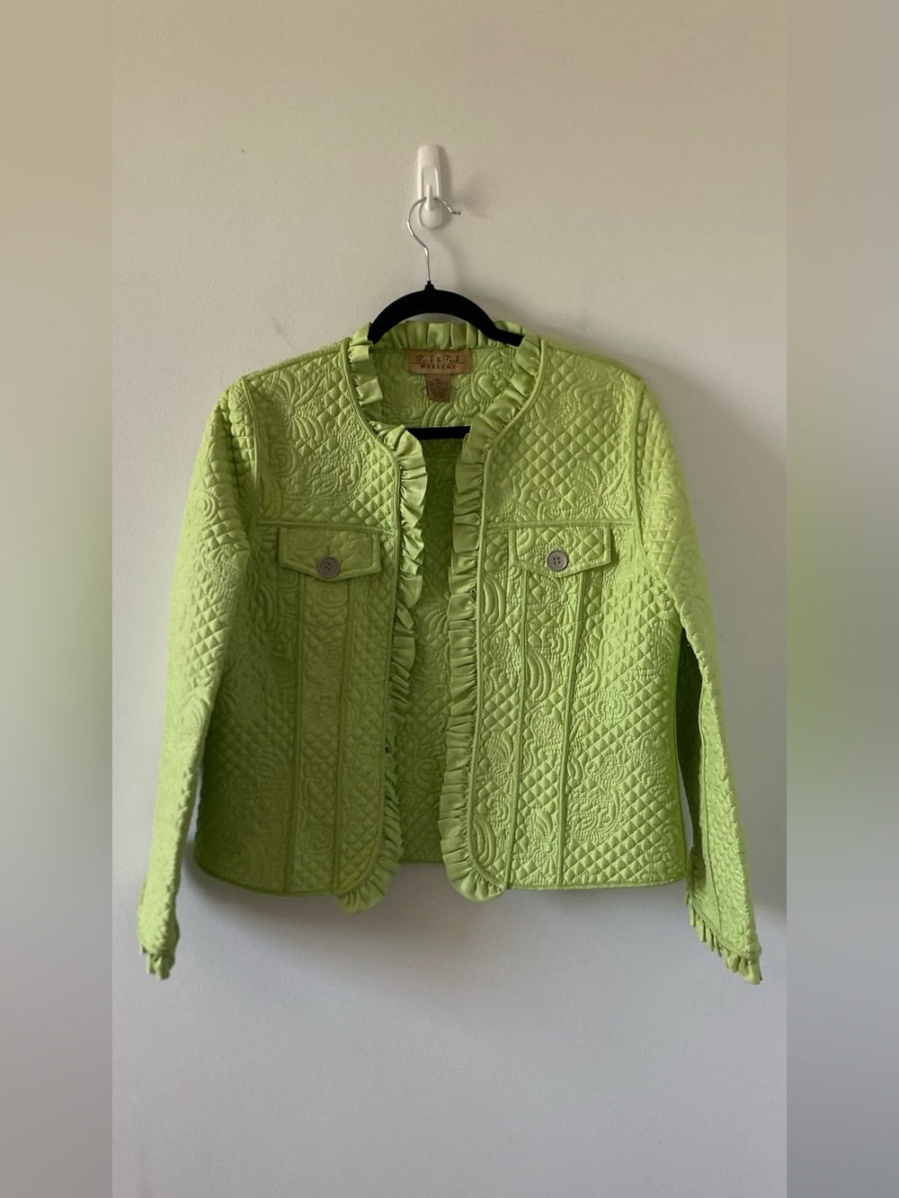 Vintage Peck & Peck Weekend Quilted Silk Ruffle Jacket - Lime Green / Size M